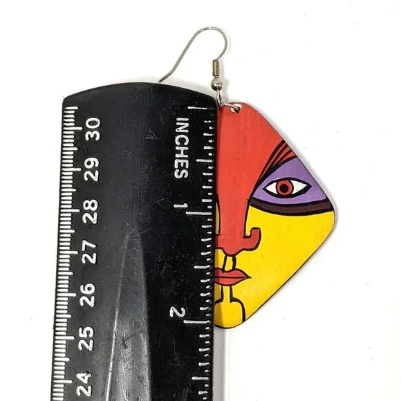 Artisan Painted Wood Dangle Earrings 80s Ethnic Tribal Mask 2" Vintage Festival - Picture 8 of 9